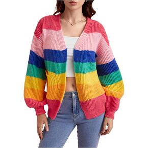 SHENHE Women's Open Front Colorful Striped Drop Shoulder Oversized Cardigan Sweater in Kuwait