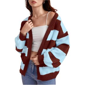 SHENHE Women's Open Front Colorful Striped Drop Shoulder Oversized Cardigan Sweater in Kuwait