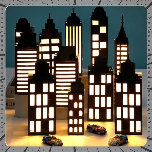 12Pcs Hero Party Favor Boxes Skyscraper City 3D Box with Lights Skyline Buildings Treat Boxes Super Themed Hero Party Centerpiece Decorations for Boys Girls Birthday Heroes Parties Supplies (Warm) in Saudi Arabia