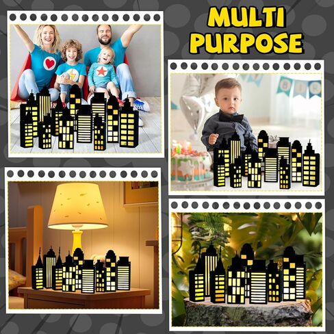 12Pcs Hero Party Favor Boxes Skyscraper City 3D Box with Lights Skyline Buildings Treat Boxes Super Themed Hero Party Centerpiece Decorations for Boys Girls Birthday Heroes Parties Supplies (Warm) in Saudi Arabia