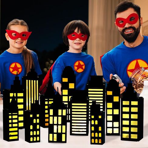 12Pcs Hero Party Favor Boxes Skyscraper City 3D Box with Lights Skyline Buildings Treat Boxes Super Themed Hero Party Centerpiece Decorations for Boys Girls Birthday Heroes Parties Supplies (Warm) in Saudi Arabia