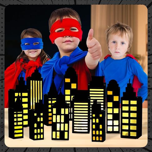 12Pcs Hero Party Favor Boxes Skyscraper City 3D Box with Lights Skyline Buildings Treat Boxes Super Themed Hero Party Centerpiece Decorations for Boys Girls Birthday Heroes Parties Supplies (Warm) in Saudi Arabia