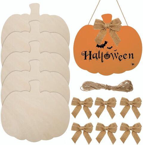 6 Pieces Large Wooden Pumpkin Cutout 12 Inch Unfinished Wood Pumpkin Craft Cutout Blank Wooden Pumpkin Shape Cutout with Bows for Fall Thanksgiving Halloween Party Home DIY Craft Decoration in Saudi Arabia