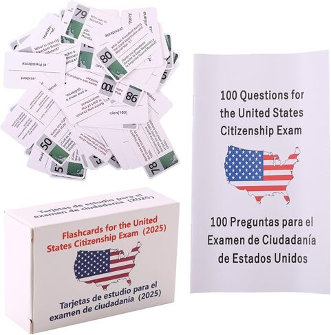 US Citizenship Flash Cards 2025, Bilingual English & Spanish Naturalization Test Study Guide with 100 Civics Test Questions & Answers Portable Flashcards Booklet Combo Set for Citizenship in Saudi Arabia
