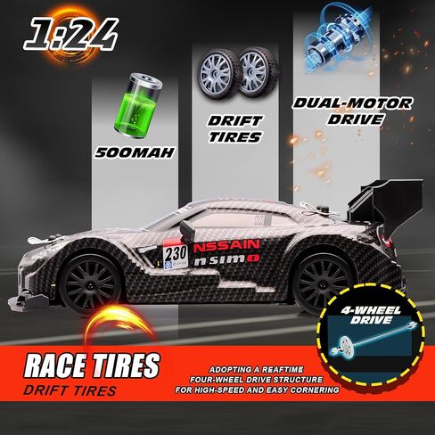 1:24 Scale RC Drift Car ، 4WD 2.4 جيجا هرتز عالية السرعة سباق سيارة رياضة رياضة السيارات مع أضواء LED ، السباق وعجلات الانجراف للبالغين الأولاد هدية الأطفال (8601 أسود) in Kuwait