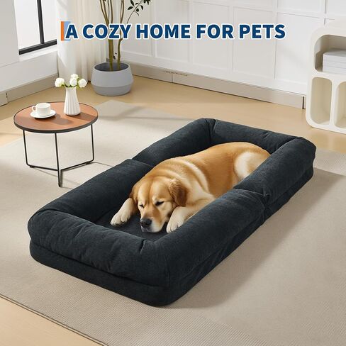 Human Dog Bed for Adult, Comfy Lazy Sofa Bed with 2 Pillows & 5 Adjustable Position, Chenille Upholstered Lounge Chair for Living Room Bedroom Black in Saudi Arabia