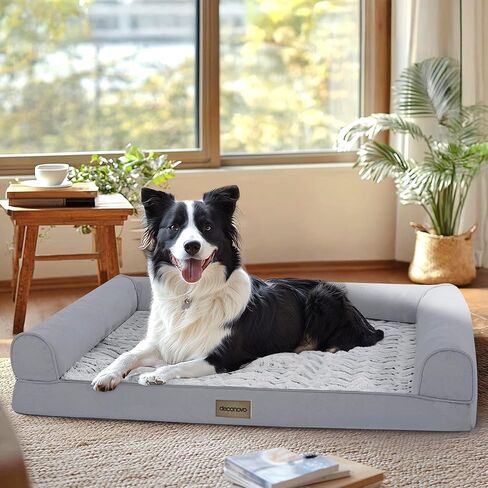 Deconovo Sofa Dog Bed with L-Shape Bolster, Supportive Eggrate Foam, PV Velvet Top, Anti-Slip Waterproof Bottom, Zippered Washable Cover, Large Dogs & XL Options, White, 36x28x8 Inches in Saudi Arabia