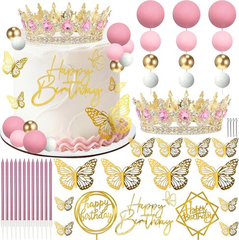 Crown Cake Topper, Balls Crown Happy Birthday Cake Topper, Birthday Candles Gold Butterflies, Corona Para Pastel, Cake Decorations for Birthday Wedding Baby Shower (Gold, Pink) in Saudi Arabia