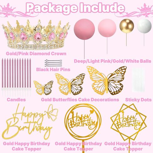 Crown Cake Topper, Balls Crown Happy Birthday Cake Topper, Birthday Candles Gold Butterflies, Corona Para Pastel, Cake Decorations for Birthday Wedding Baby Shower (Gold, Pink) in Saudi Arabia