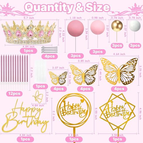 Crown Cake Topper, Balls Crown Happy Birthday Cake Topper, Birthday Candles Gold Butterflies, Corona Para Pastel, Cake Decorations for Birthday Wedding Baby Shower (Gold, Pink) in Saudi Arabia