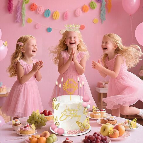 Crown Cake Topper, Balls Crown Happy Birthday Cake Topper, Birthday Candles Gold Butterflies, Corona Para Pastel, Cake Decorations for Birthday Wedding Baby Shower (Gold, Pink) in Saudi Arabia