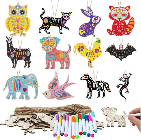 Colingmill 60 PCS Sugar Skull Day of the Dead Wooden Craft Kit DIY DIY Skull Ornament Onfer in Saudi Arabia