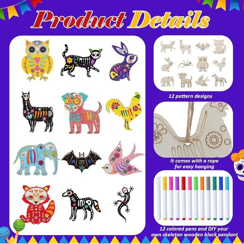 Colingmill 60 PCS Sugar Skull Day of the Dead Wooden Craft Kit DIY DIY Skull Ornament Onfer in Saudi Arabia