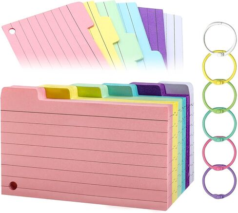 300 PCS Index Cards, 3.5 x 5 Inch Punched Colorful Flash Cards with 6 Binder Rings, Cue Cards for Studying, Blank Study Cards, Ruled Note Cards for Home, School, Office (6 Colours) in Saudi Arabia