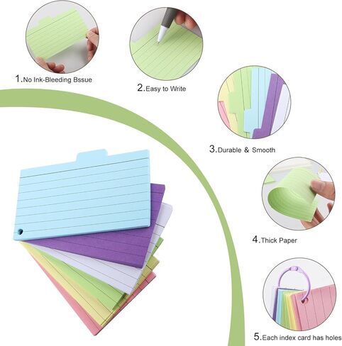 300 PCS Index Cards, 3.5 x 5 Inch Punched Colorful Flash Cards with 6 Binder Rings, Cue Cards for Studying, Blank Study Cards, Ruled Note Cards for Home, School, Office (6 Colours) in Saudi Arabia