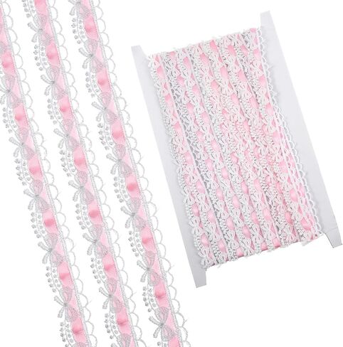 5 Yards Pink Lace Ribbon White Bow Lace Trim, Sewing Laces Ruffle Trim Ribbon Roll for DIY Craft Making Scrapbooking Gift Wrapping Wedding Party Decorations Bridal Clothes Valentine's Day Christmas in Saudi Arabia