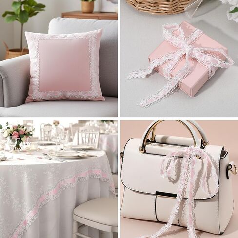 5 Yards Pink Lace Ribbon White Bow Lace Trim, Sewing Laces Ruffle Trim Ribbon Roll for DIY Craft Making Scrapbooking Gift Wrapping Wedding Party Decorations Bridal Clothes Valentine's Day Christmas in Saudi Arabia