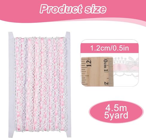 5 Yards Pink Lace Ribbon White Bow Lace Trim, Sewing Laces Ruffle Trim Ribbon Roll for DIY Craft Making Scrapbooking Gift Wrapping Wedding Party Decorations Bridal Clothes Valentine's Day Christmas in Saudi Arabia