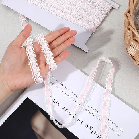 5 Yards Pink Lace Ribbon White Bow Lace Trim, Sewing Laces Ruffle Trim Ribbon Roll for DIY Craft Making Scrapbooking Gift Wrapping Wedding Party Decorations Bridal Clothes Valentine's Day Christmas in Saudi Arabia