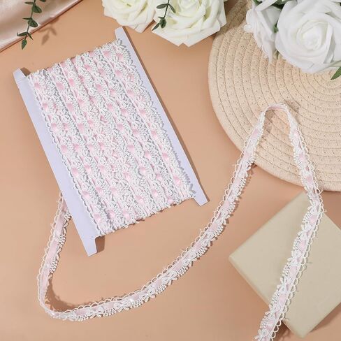 5 Yards Pink Lace Ribbon White Bow Lace Trim, Sewing Laces Ruffle Trim Ribbon Roll for DIY Craft Making Scrapbooking Gift Wrapping Wedding Party Decorations Bridal Clothes Valentine's Day Christmas in Saudi Arabia
