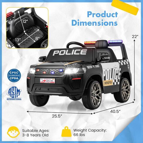 Honey Joy Police Car on ، ركوب بطارية 12 فولت على السيارة مع التحكم عن بعد ، وسارات الإنذار والأضواء الوامضة ، وتعليق الربيع ، والموسيقى ، والقرن ، وضوء LED ، و COP للطفل ، والسيارة الكهربائية للأطفال (أسود) in Saudi Arabia