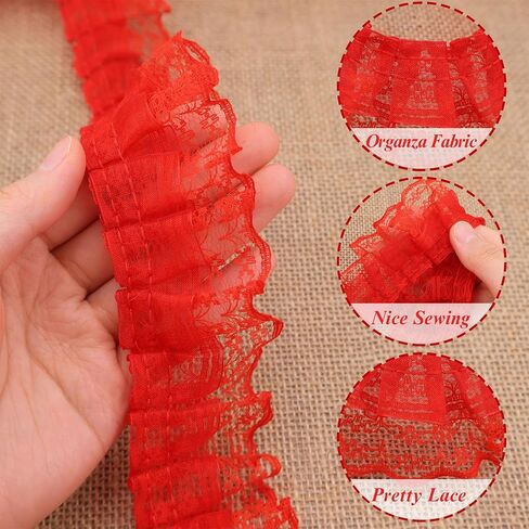 10 Yards Bulk Red Lace Ruffle Trim for Crafts 1-5/8" 2-Layer Pleated Edge Lace Ribbon in Kuwait