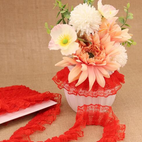 10 Yards Bulk Red Lace Ruffle Trim for Crafts 1-5/8" 2-Layer Pleated Edge Lace Ribbon in Kuwait