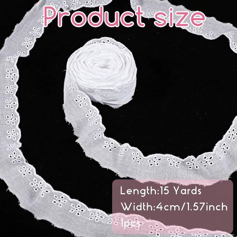 15 Yards Lace Trim White Cotton Lace, Ribbon Floral Embroidery Ruffle Lace Trim Wavy Edge Floral Cotton Lace Ribbon for Sewing Dresses Clothes Bag Pets Clothes (1.57 Inches Wide) in Saudi Arabia