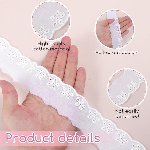15 Yards Lace Trim White Cotton Lace, Ribbon Floral Embroidery Ruffle Lace Trim Wavy Edge Floral Cotton Lace Ribbon for Sewing Dresses Clothes Bag Pets Clothes (1.57 Inches Wide) in Saudi Arabia
