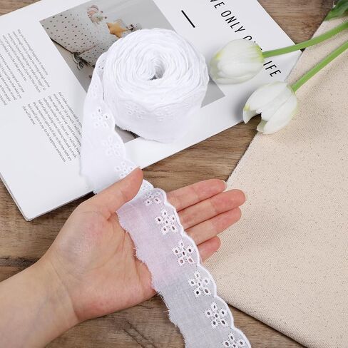 15 Yards Lace Trim White Cotton Lace, Ribbon Floral Embroidery Ruffle Lace Trim Wavy Edge Floral Cotton Lace Ribbon for Sewing Dresses Clothes Bag Pets Clothes (1.57 Inches Wide) in Saudi Arabia
