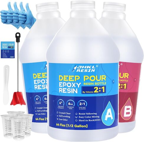 JHKL epoxy deep pour epoxy kit kit ، من 2 إلى 4 بوصة عمقًا مرتفعًا واضحة ، خالية من الفقاعات المستوى 2: 1 راتنج الايبوكسي لطاولة نهر الحرفية ، حشو الخشب ، أعلى البار ، صب الطلاء (1.5gal) in Kuwait