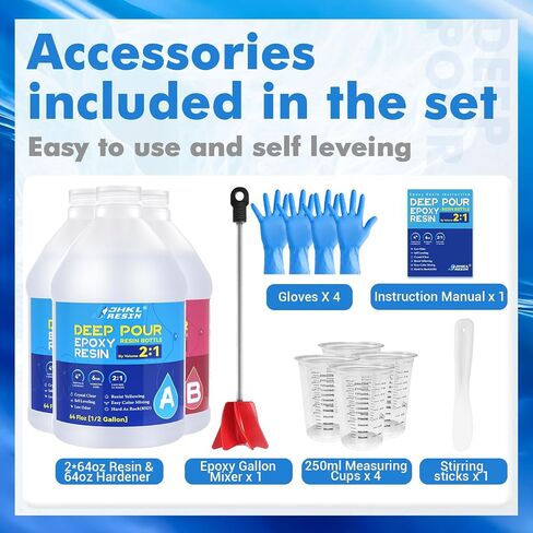 JHKL epoxy deep pour epoxy kit kit ، من 2 إلى 4 بوصة عمقًا مرتفعًا واضحة ، خالية من الفقاعات المستوى 2: 1 راتنج الايبوكسي لطاولة نهر الحرفية ، حشو الخشب ، أعلى البار ، صب الطلاء (1.5gal) in Kuwait