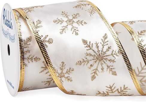 Ribbli Snowflake Glitter Satin Wired Ribbon,Ivory Satin Ribbon with Gold Glitter Snowflake Pattern and Gold Metallic Edge,2-1/2 Inch x 10Yards Christmas Ribbon for Tree Decoration in Saudi Arabia