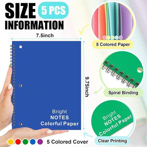 Henoyso 5 Pcs Colored Paper Notebook Spiral Notebook 9.75" x 7.5" Colored Lined Paper Wide Ruled Composition Note Books for Journaling Home Office in Saudi Arabia