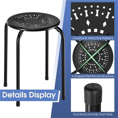 17.5" Classroom Stools Set of 6, Steel Stools for School Elementary, Kids Stools w/Daisy Design, Stackable Stools for Classroom, Home, Office, Outdoors, Garden (Black) in Kuwait