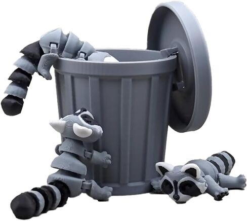 Raccoon Trash Can Toy, Fun posable, Funny Animal Gift, 3D Printed Decorative Figurine Set, Fidget Toy, Crashpixel, Set of 3 (Racoons 2.65in Long, Trashcan 2.5in Tall) in Kuwait
