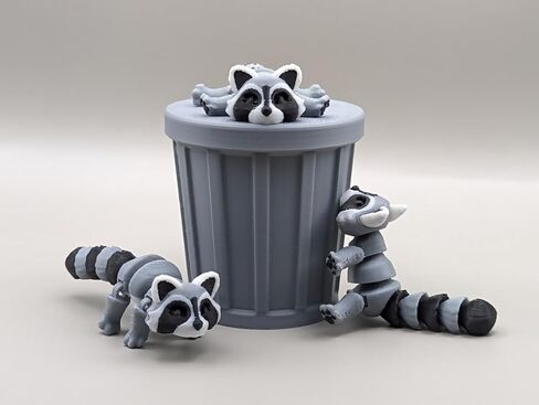 Raccoon Trash Can Toy, Fun posable, Funny Animal Gift, 3D Printed Decorative Figurine Set, Fidget Toy, Crashpixel, Set of 3 (Racoons 2.65in Long, Trashcan 2.5in Tall) in Kuwait