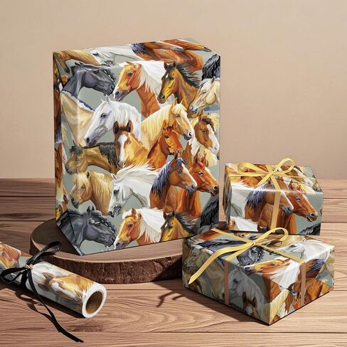 WRAPAHOLIC Horse Wrapping Paper Roll - Mini Roll - 17 Inch x 16.5 Feet - Majestic Horse Animal Wrapping Paper Perfect for Men Gift, Birthday, Horse Racing in Saudi Arabia