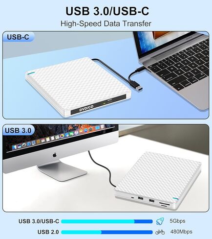 Guamar External CD/DVD Drive, USB-C USB 3.0 CD DVD +/-RW Burner with 2 USB & SD/TF Slot, Portable CD ROM Disc Reader Optical Disk Drive DVD Player for Laptop PC Windows 11 Mac MacBook Linux OS in Kuwait