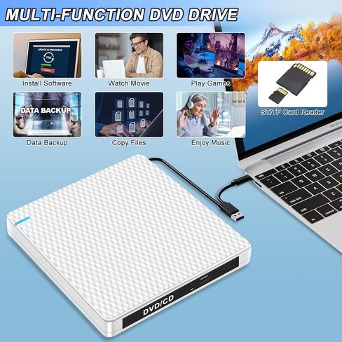 Guamar External CD/DVD Drive, USB-C USB 3.0 CD DVD +/-RW Burner with 2 USB & SD/TF Slot, Portable CD ROM Disc Reader Optical Disk Drive DVD Player for Laptop PC Windows 11 Mac MacBook Linux OS in Kuwait