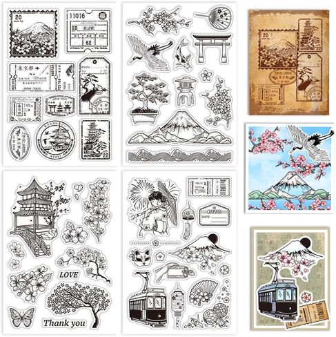 Globleland 4pcs طوابع يابانية واضحة لـ DIY Scrapbooking Mount Fuji Cherry Blossom Silicone Clear Stamp Seals طوابع شفافة للبطاقات صنع ألبوم الصور مجلة المنزل الزخرفة in Saudi Arabia