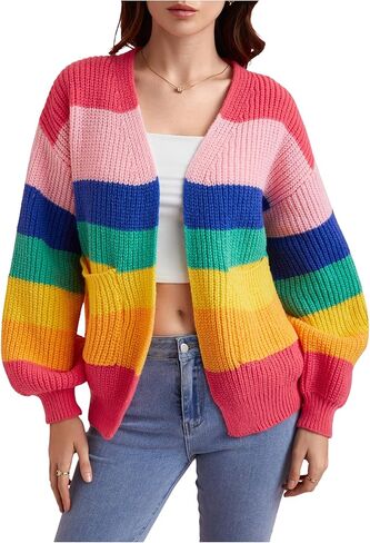 سترة SHENHE النسائية المفتوحة من الأمام والملونة والمخططة ذات الكتف المنسدل كبيرة الحجم in Kuwait