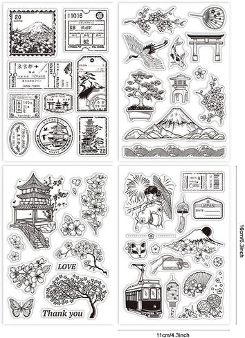 Globleland 4pcs طوابع يابانية واضحة لـ DIY Scrapbooking Mount Fuji Cherry Blossom Silicone Clear Stamp Seals طوابع شفافة للبطاقات صنع ألبوم الصور مجلة المنزل الزخرفة in Saudi Arabia