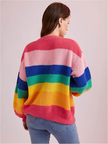 سترة SHENHE النسائية المفتوحة من الأمام والملونة والمخططة ذات الكتف المنسدل كبيرة الحجم in Kuwait