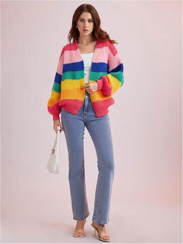 سترة SHENHE النسائية المفتوحة من الأمام والملونة والمخططة ذات الكتف المنسدل كبيرة الحجم in Kuwait