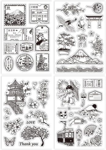 Globleland 4pcs طوابع يابانية واضحة لـ DIY Scrapbooking Mount Fuji Cherry Blossom Silicone Clear Stamp Seals طوابع شفافة للبطاقات صنع ألبوم الصور مجلة المنزل الزخرفة in Saudi Arabia