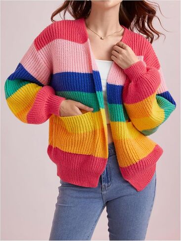 سترة SHENHE النسائية المفتوحة من الأمام والملونة والمخططة ذات الكتف المنسدل كبيرة الحجم in Kuwait