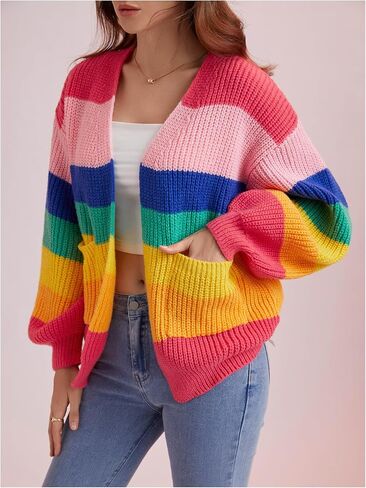 سترة SHENHE النسائية المفتوحة من الأمام والملونة والمخططة ذات الكتف المنسدل كبيرة الحجم in Kuwait