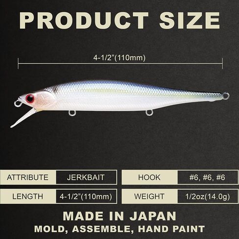 LUCKY CRAFT Lightning Pointer 110SP, Jerkbait Side by Side Action Tournament Winning Perfect Wobbling Freshwater Lake Bass Fishing Champion Bait (272 MS Ghost Minnow) in Kuwait