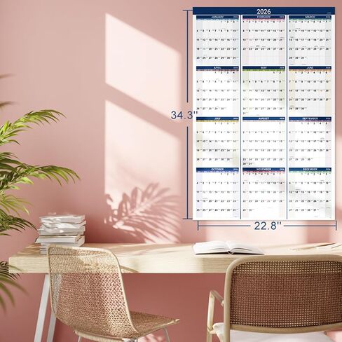 2026 Yearly Wall Calendar - 2026 Calendar, JAN 2026 - DEC 2026, Yearly Calendar/Planner, 34.3" x 22.8"(Open), 2026 Wall Calendar 12 Month with Premium Paper, Double-Sided Small Round Sticks, Azure in Saudi Arabia